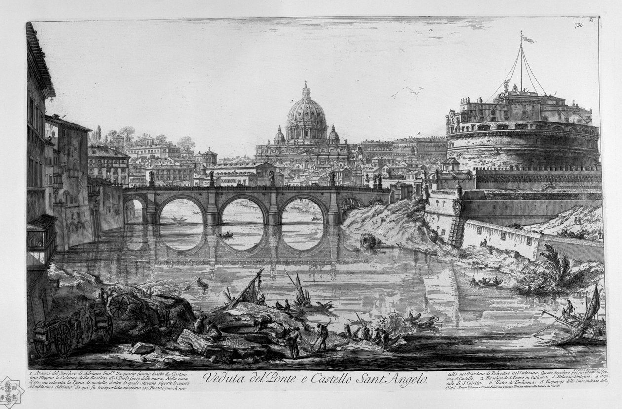 पोंटे और कैस्टेलो संत &39;एंजेलो का दृश्य। Adriano Imp.re द्वारा सेपुलचर के बचे हुए हिस्से। इससे दीवारों के बाहर सेंट पॉल के बेसिलिका के स्तंभों को कॉन्स्टेंटाइन द ग्रेट द्वारा उठाया गया था। इसके शीर्ष पर धातु पिगना था, जिसके अंदर यह खड़ा था द्वारा जियोवन्नी बतिस्ता पिरनेसी
