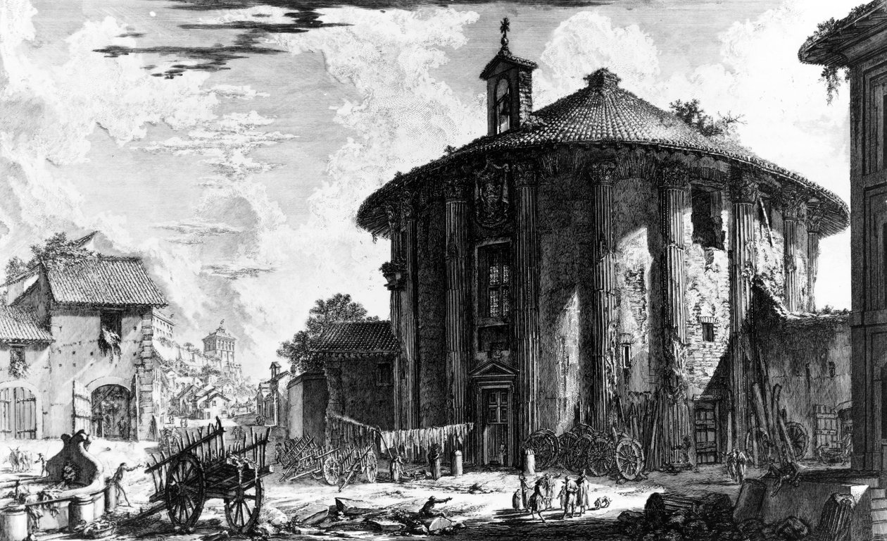 &39;व्यू ऑफ रोम&39; श्रृंखला, 1758 से पियाजा डेला बोका डेला वेरिटा में साइलेब के मंदिर का दृश्य द्वारा जियोवन्नी बतिस्ता पिरनेसी