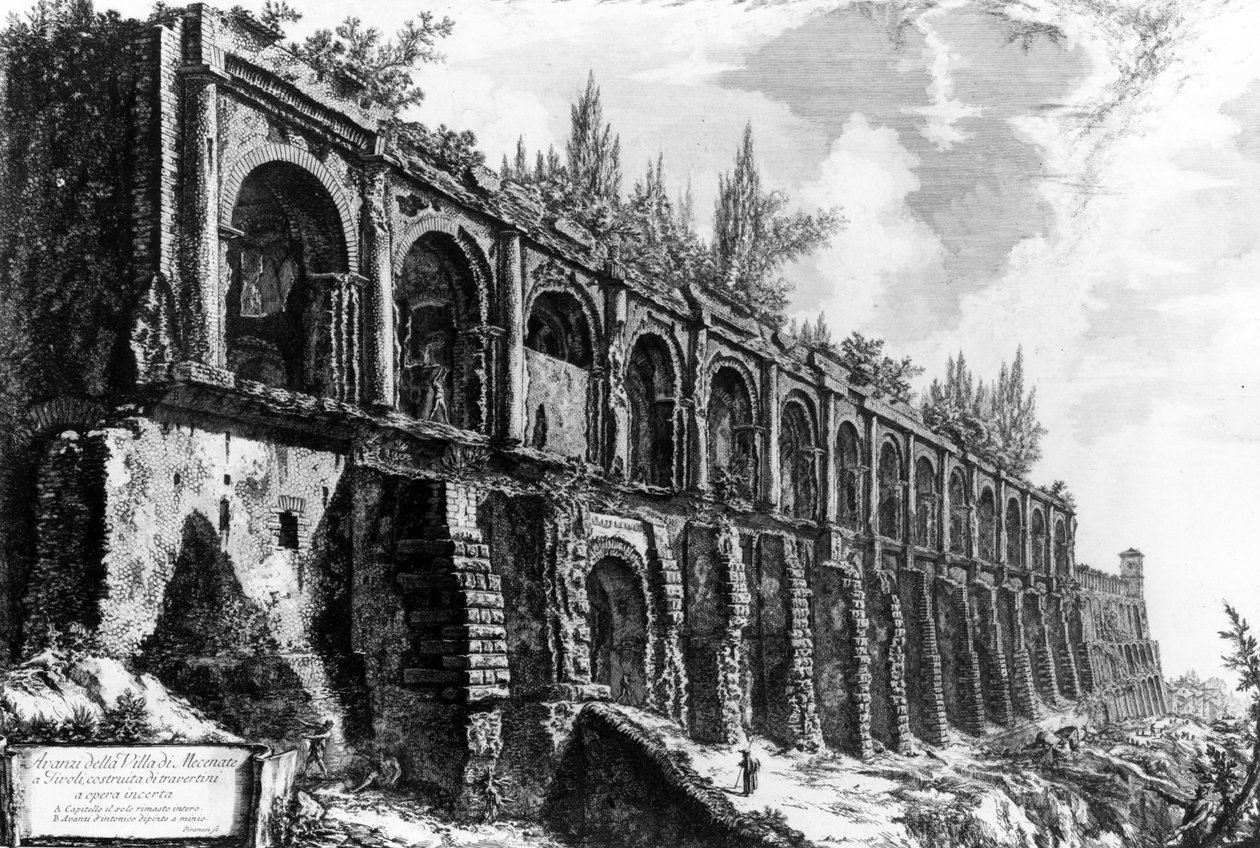 &39;व्यू ऑफ रोम&39; श्रृंखला से Tivoli में Maecenas के विला का दृश्य, c.1760 द्वारा जियोवन्नी बतिस्ता पिरनेसी