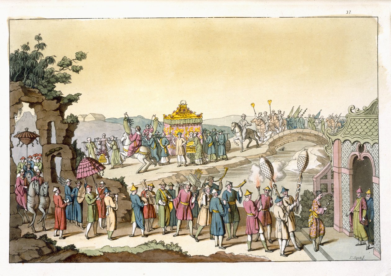 एक ताओवादी पारंपरिक शादी का जुलूस, Giulio Ferrario द्वारा &39;ले कॉस्टयूम Ancien et Moderne&39; का चित्रण, c.1820s-30s प्रकाशित द्वारा जियोवन्नी बिगटी