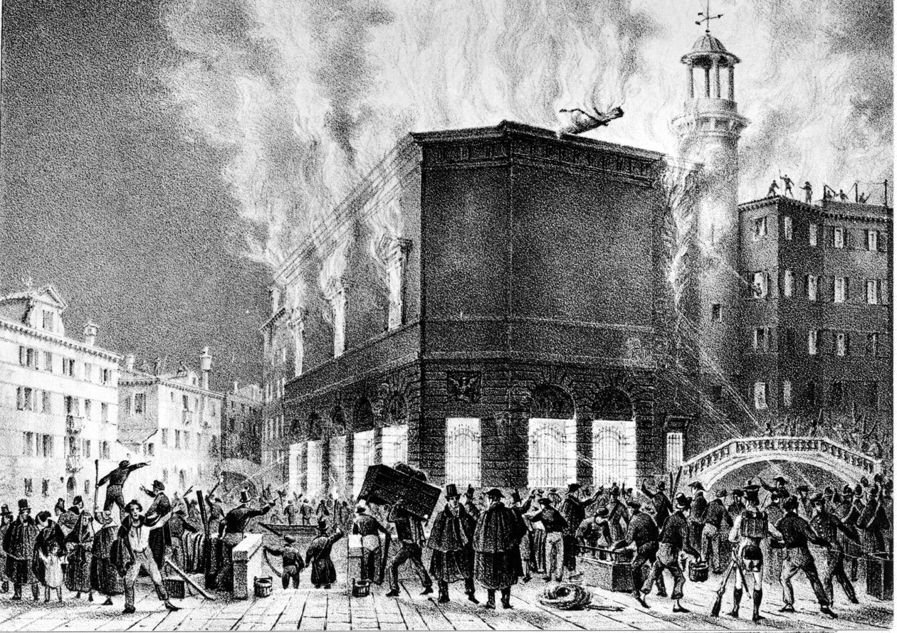 1836 में वेनिस में ला फेनिस के थिएटर की आग। जियोवानी पिविडोर द्वारा उत्कीर्णन। मिलान, कंज़र्वेटरी जी. वर्डी। द्वारा जियोवानी (बाद में) विभक्त