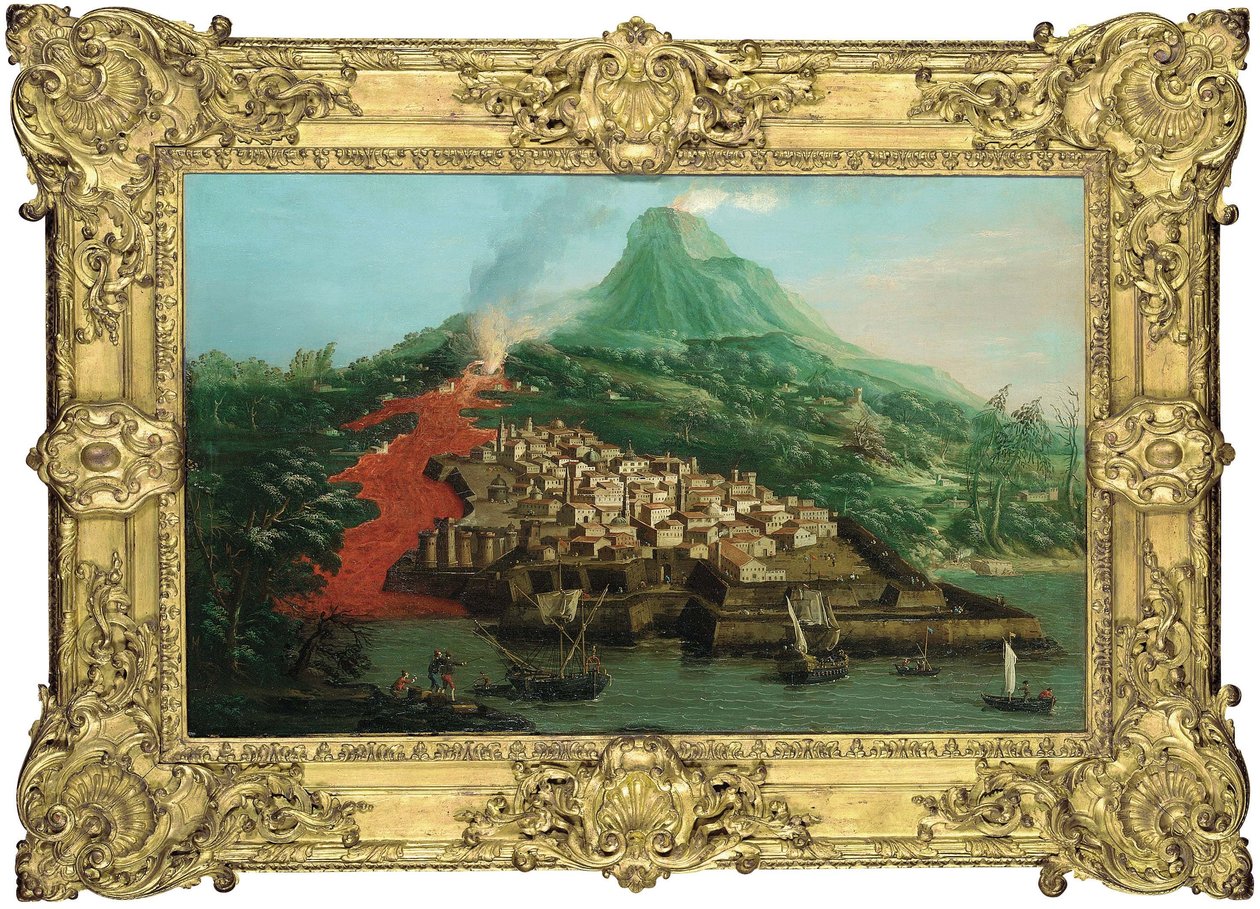 एक बंदरगाह और शिपिंग के साथ एक ज्वालामुखी द्वीप द्वारा जियोवानी एंटोनियो कैनाल (कैनेटेटो)