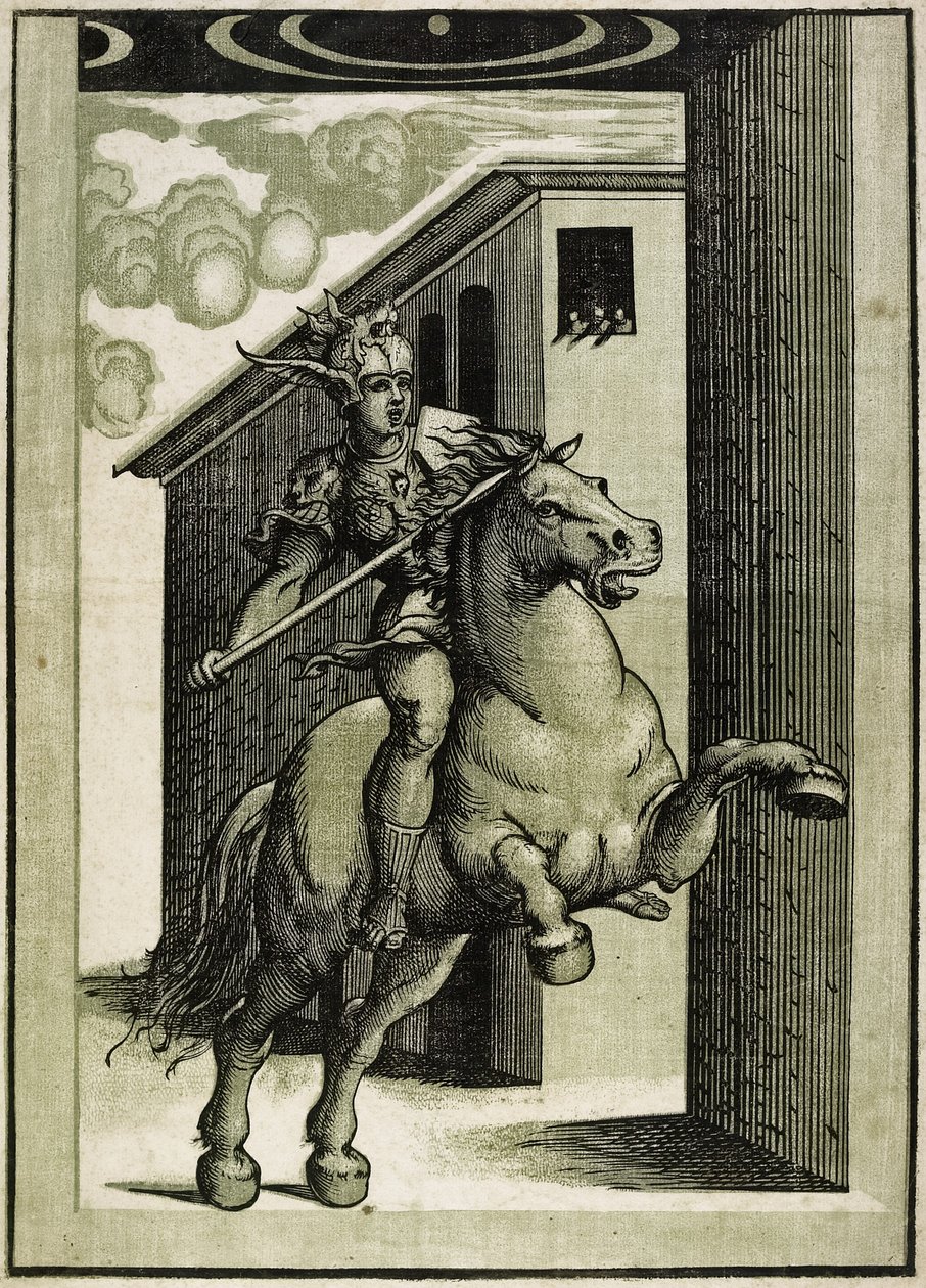 माक्र्स कर्टियस, c.1540 (3 ब्लॉक से क्रियोक्रूरो वुडकट) द्वारा जियोवन्नी एंटोनियो पोर्डेनोन
