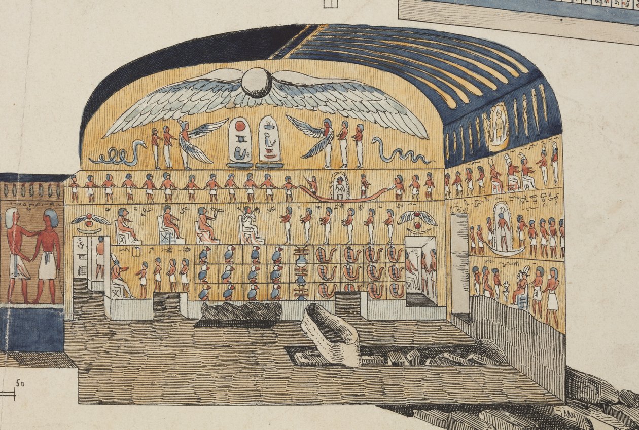 थेब्स में साम्मुथिस के मकबरे का खंड, 1818 में बेलज़ोनी द्वारा खोजा और खोला गया (हाथ से रंगा हुआ लिथो) द्वारा जियोवानी बतिस्ता (बाद में) बेलज़ोनिक