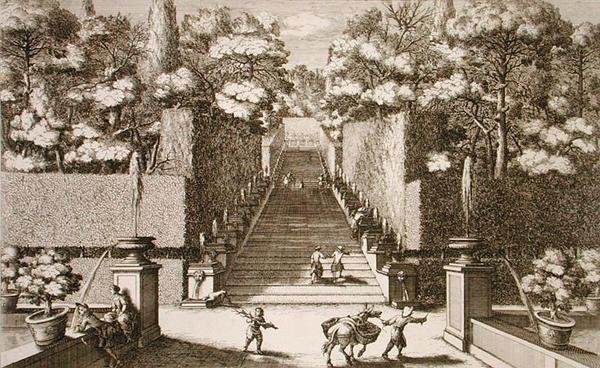 जियोवानी फ्रांसेस्को वेंटुरिनी (1650-पी.1710) द्वारा उकेरी गई 'ले फोंटेन' से विला डी'एस्टे, टिवोली में भव्य सीढ़ी, c.1675-90 (उत्कीर्णन) प्रकाशित द्वारा जियोवानी बतिस्ता (बाद में) Falda