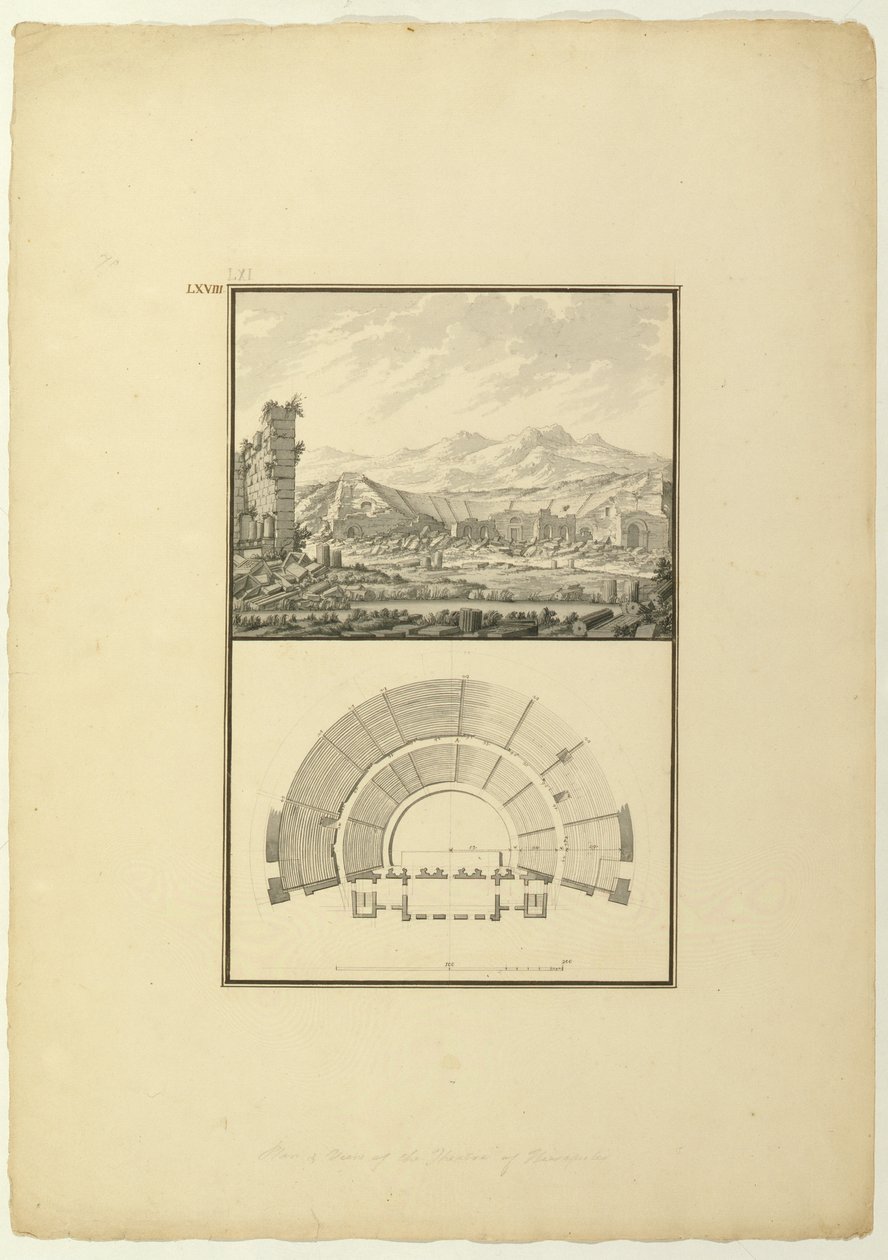 हिरापोलिस (अब पामुकले) के थिएटर का दृश्य और योजना, c.1750 (कागज पर कलम और स्याही और धो) द्वारा जियोवन्नी बतिस्ता बोर्रा