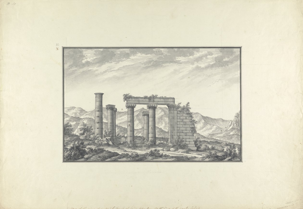 सरदीस में एक ईओण मंदिर के खंडहर का दृश्य, शायद नेपच्यून का मंदिर, c.1750 (कागज पर ग्रे वॉश, पेन और स्याही और पेंसिल) द्वारा जियोवन्नी बतिस्ता बोर्रा
