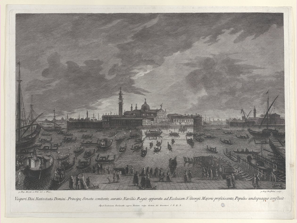 डोगे और विनीशियन सीनेट के क्रिसमस की पूर्व संध्या पर सैन जी ..., 1763 में जुलूस का रात का दृश्य। द्वारा जियोवानी बतिस्ता ब्रोस्टोलोनी