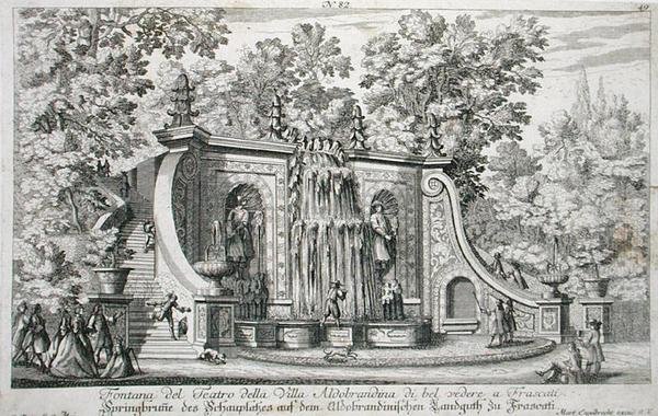 1687 से पहले प्रकाशित 'ले फोंटेन' से, विला एल्डोब्रैंडिना, फ्रैस्काटी, c.1675 में थिएटर फाउंटेन (उत्कीर्णन) द्वारा जियोवन्नी बतिस्ता फल्दा