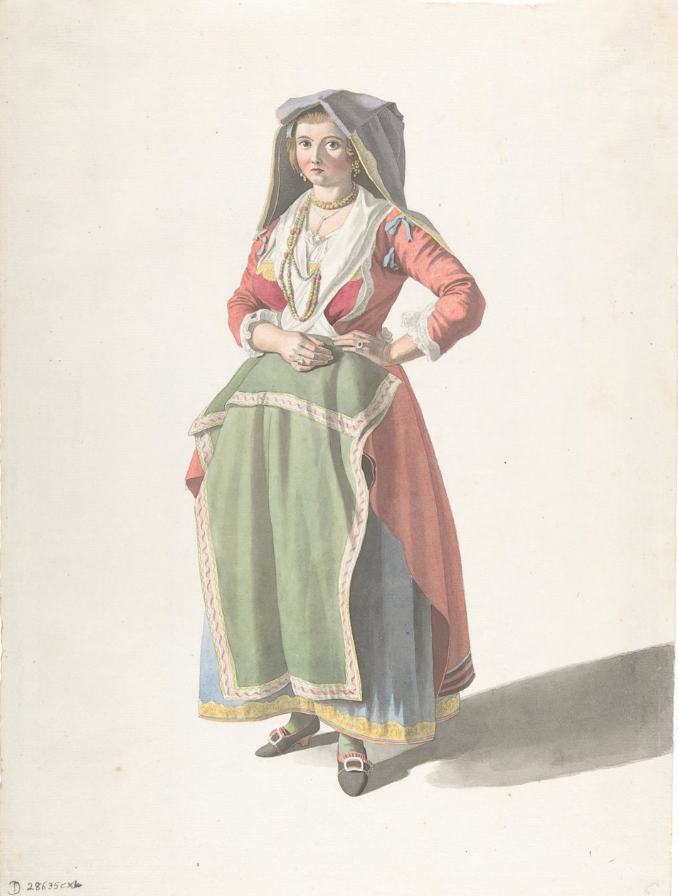 पारंपरिक नीपोलिटन ड्रेस में खड़ी युवती, सीए। 1775-1821। द्वारा जियोवन्ती बतिस्ता लुसिएरी