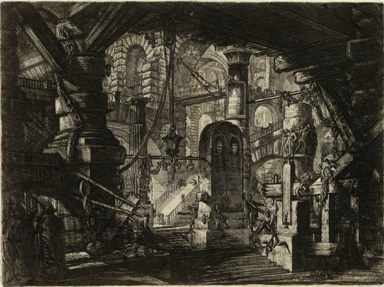 पिरानेसी, जियोवानी बतिस्ता (1720-1778) की श्रृंखला द इमेजिनरी प्रिज़न्स (द प्रिज़न ऑफ़ इन्वेंशन) से। कॉपर उत्कीर्णन, सीए 1761, निजी संग्रह Private द्वारा जियोवन्नी बतिस्ता पिरनेसी