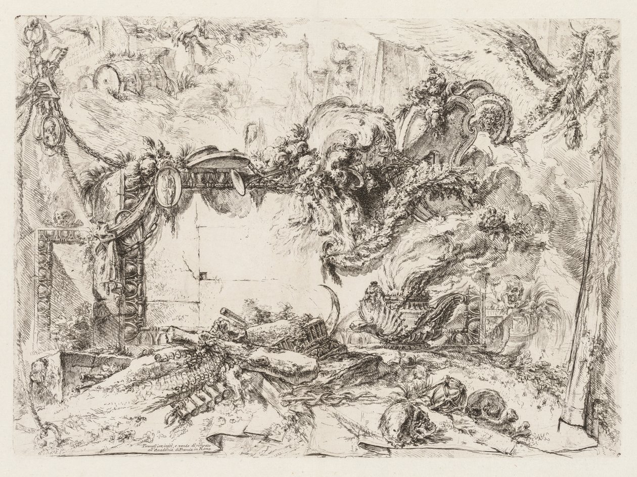 Groteschi: खोपड़ी के साथ खंडहर और एक धूम्रपान फूलदान, ca. 1745-1750। द्वारा जियोवन्नी बतिस्ता पिरनेसी