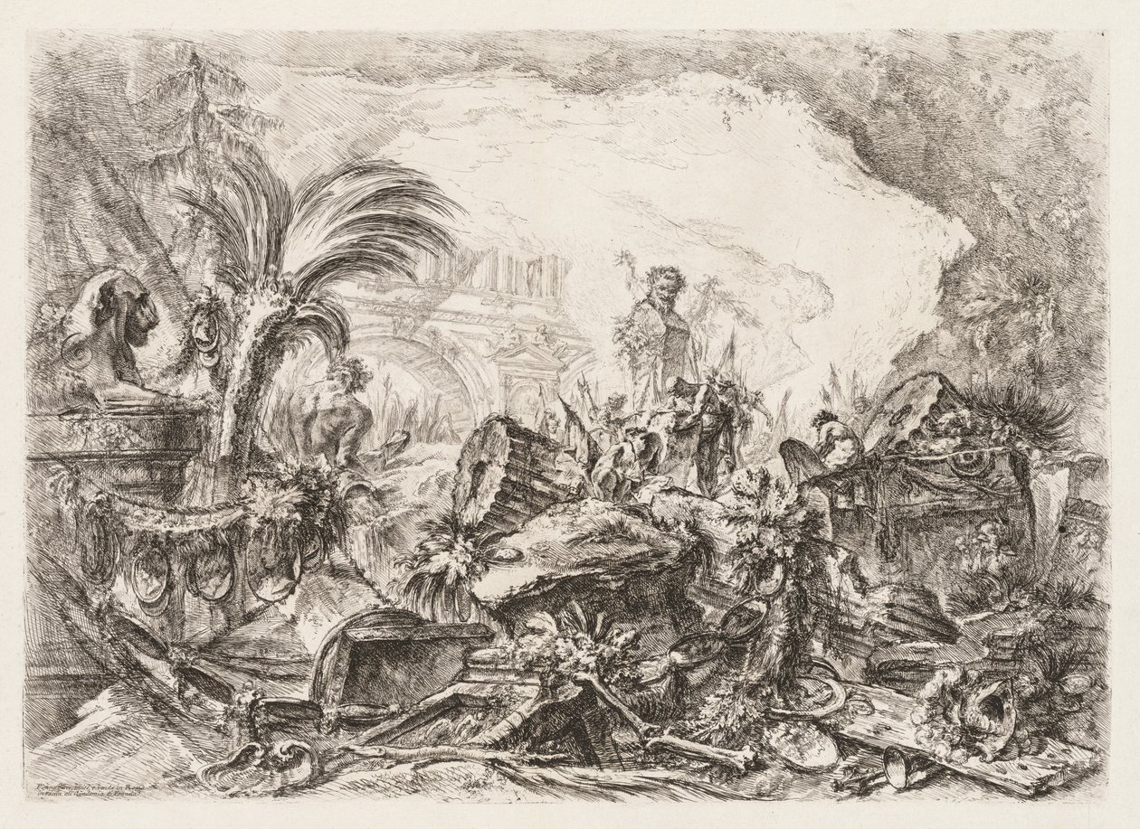 Groteschi: खंडहर की मूर्ति के साथ खंडहर और एक गिर स्तंभ, ca. 1745-1750। द्वारा जियोवन्नी बतिस्ता पिरनेसी