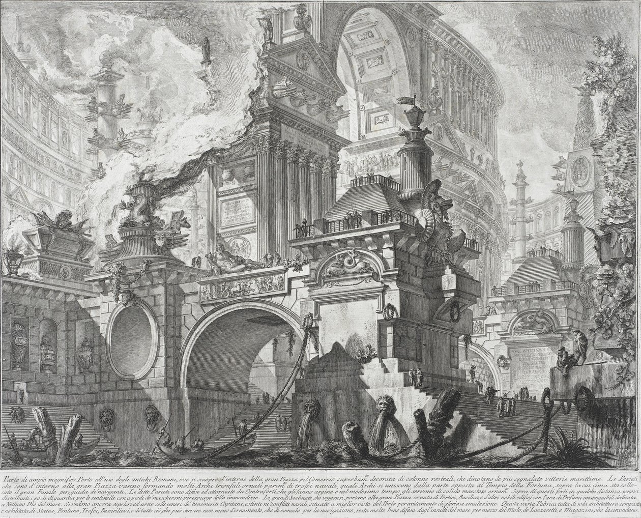 1761-80 के बड़े बाजार में खुलने वाले प्राचीन रोम के उपयोग के लिए एक विशाल और शानदार हार्बर का हिस्सा द्वारा जियोवन्नी बतिस्ता पिरनेसी