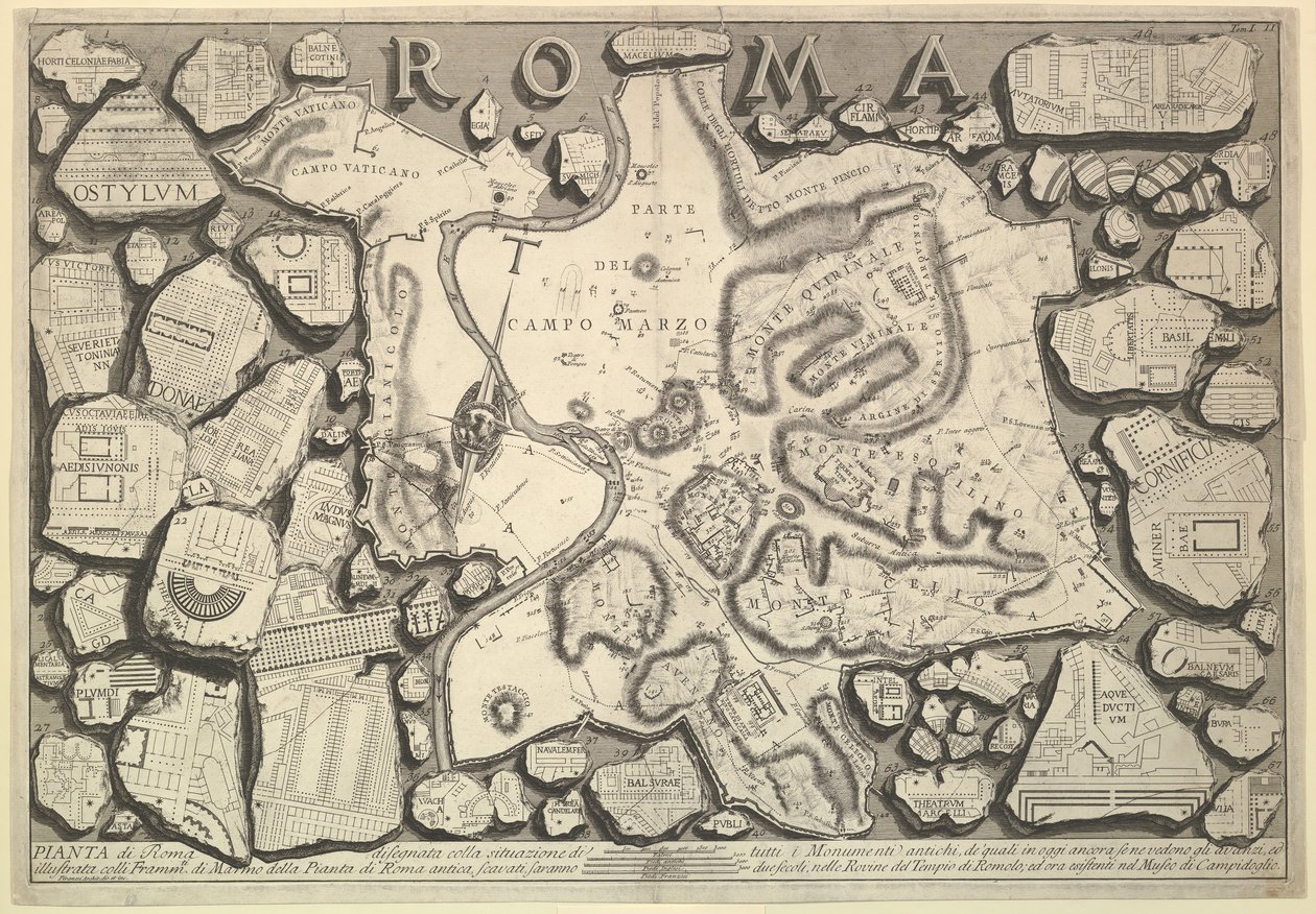 रोम की योजना ..., रोमन प्राचीन वस्तुओं से रोमन पुरावशेषों, ca. 1756। द्वारा जियोवन्नी बतिस्ता पिरनेसी
