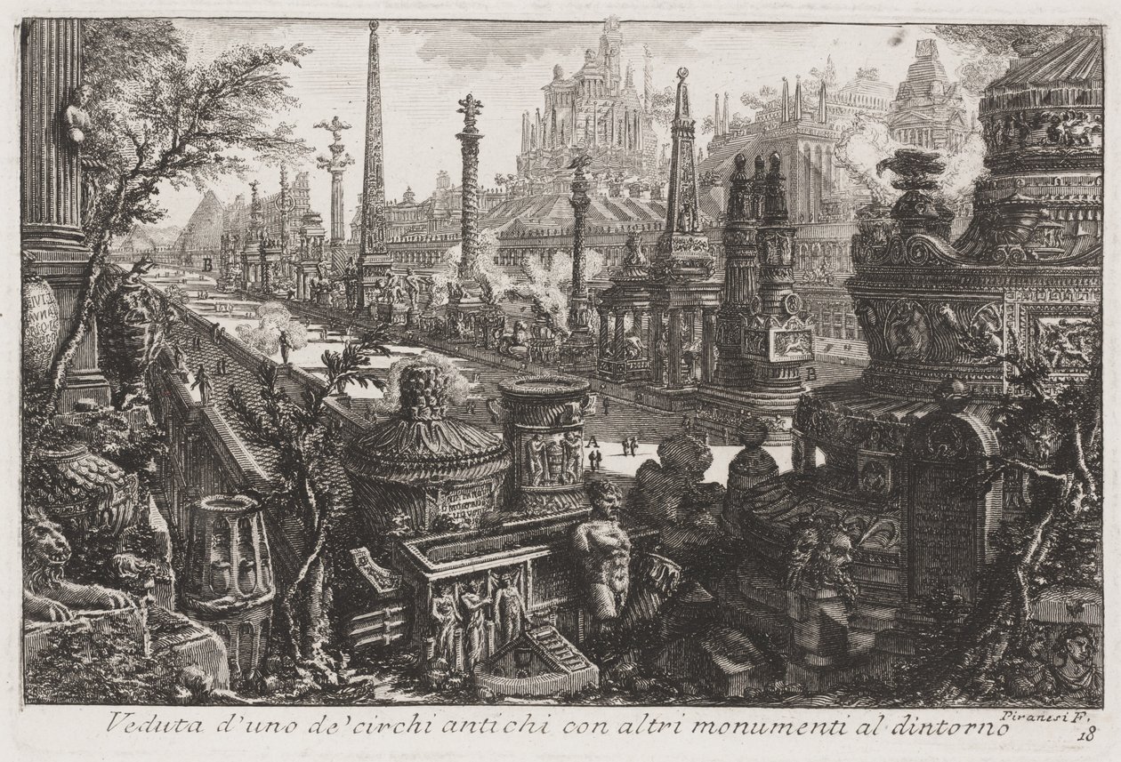 अंदर अन्य स्मारकों के साथ एक पुराने सर्कस का दृश्य, c.1760 (नक़्क़ाशी) द्वारा जियोवन्नी बतिस्ता पिरनेसी