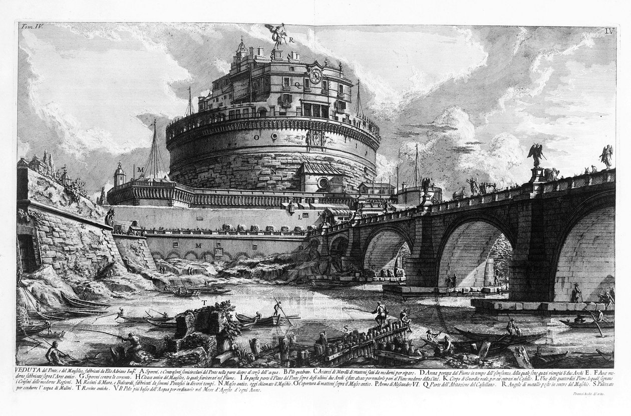 रोम में Castel Sant'Angelo (Castel Saint Angelo) का दृश्य। जियोवानी पिरानेसी (पिरानी के नाम से जाना जाता है) (1720-1778) द्वारा ड्राइंग। द्वारा जियोवन्नी बतिस्ता पिरनेसी