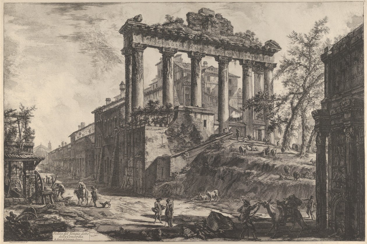 सैटर्न के मंदिर के साथ कॉनकॉर्ड के तथाकथित मंदिर का दृश्य..., 1760-78। द्वारा जियोवन्नी बतिस्ता पिरनेसी