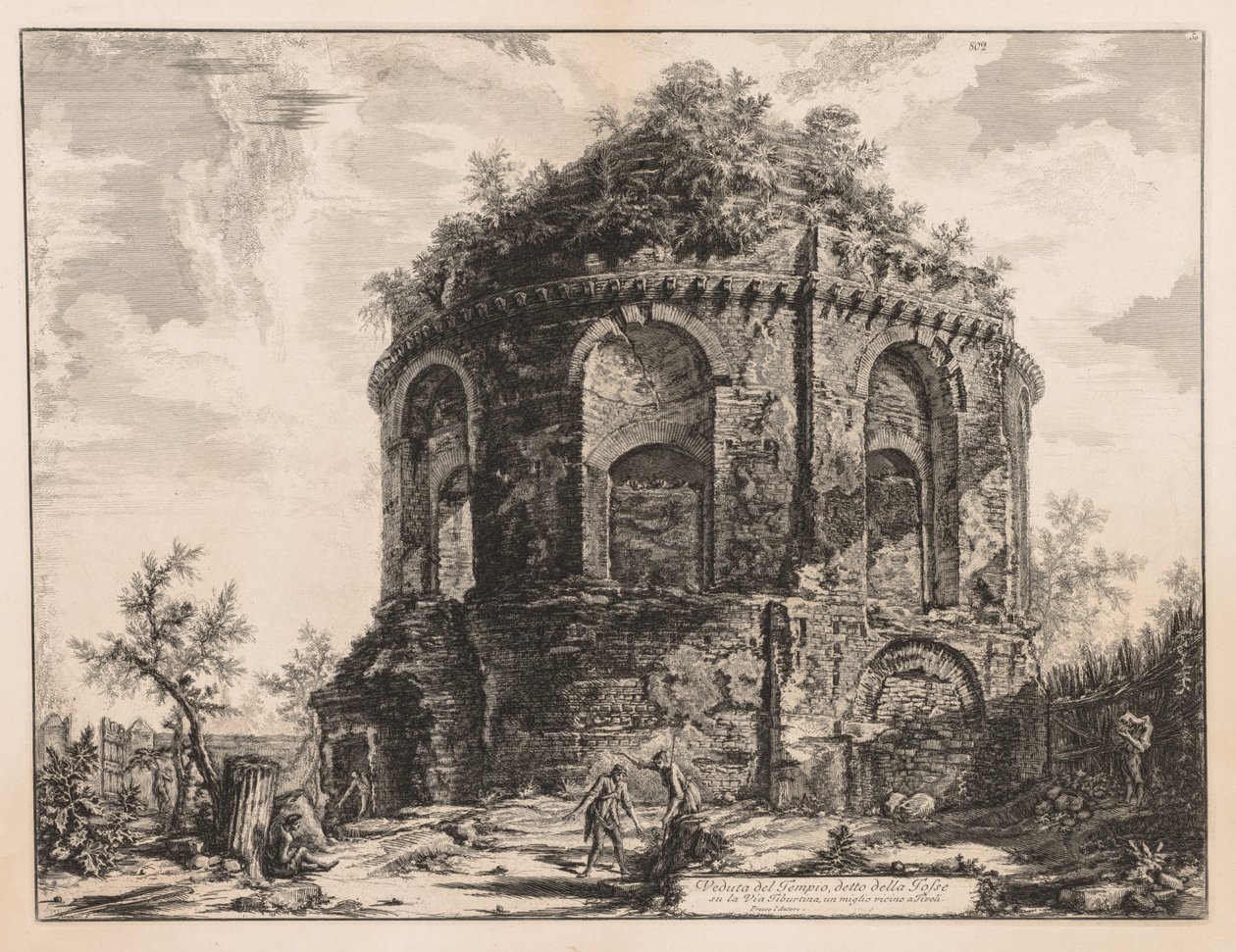 रोम का नजारा: 1763 में तिवोली के पास, तथाकथित खांसी का मंदिर। द्वारा जियोवन्नी बतिस्ता पिरनेसी