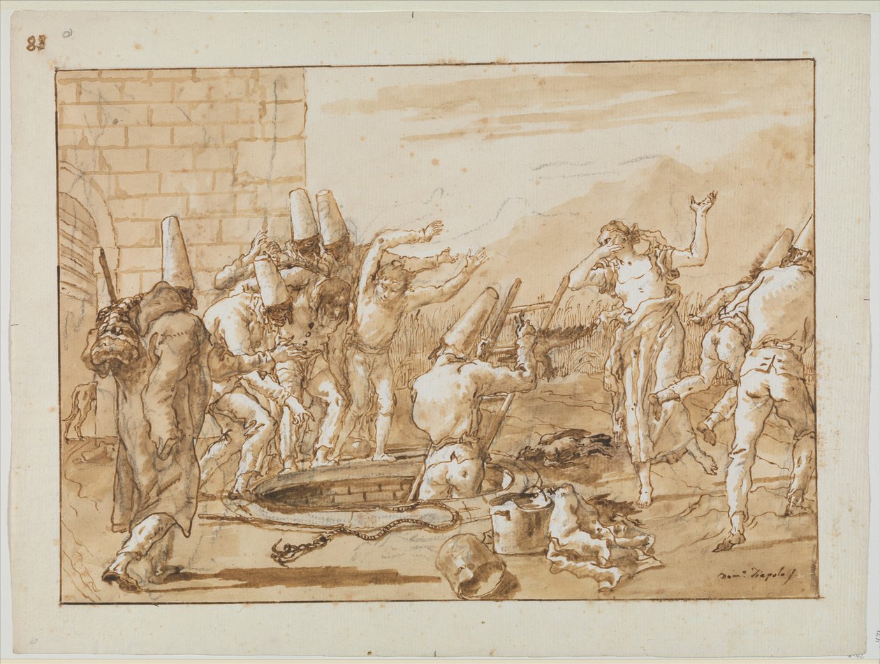 पंचिनेलो एक अच्छी तरह से मृत फव्वारे को निकालता है, c.1800 द्वारा जियोवन्ती बतिस्ता टाईपोलो