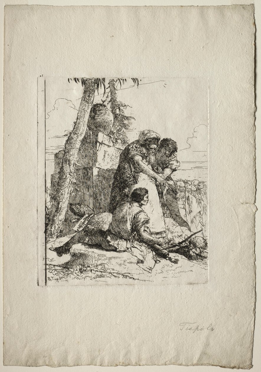 Scherzi di Fantasia: जादूगर एक जलती हुई चोटी से दो युवकों को इशारा करते हुए, 1750। द्वारा जियोवन्ती बतिस्ता टाईपोलो