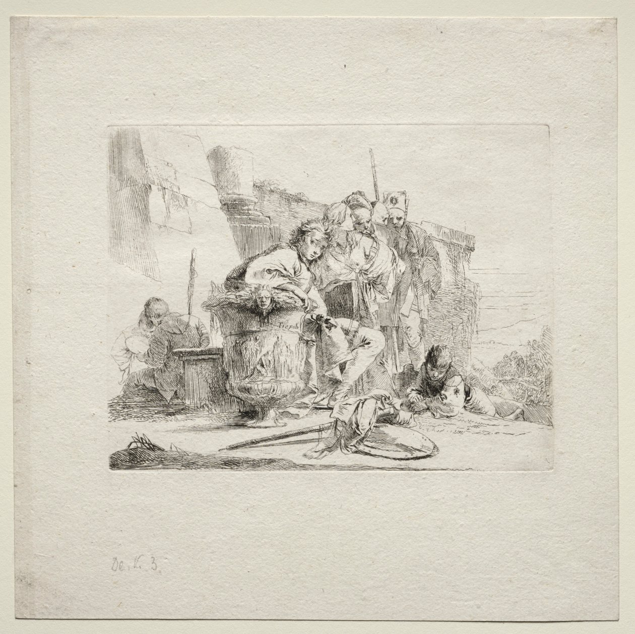 विभिन्न Caprices: द यंग मैन बैठा, लीनिंग अगेंस्ट अ उरन, 1785। द्वारा जियोवन्ती बतिस्ता टाईपोलो