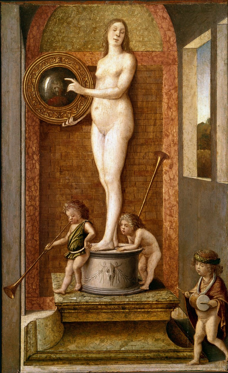 विवेक का रूपक (या वैनिट)। Giovanni Bellini (ca. 1432-1516) द्वारा लकड़ी पर चित्रकारी ने कहा कि il Giambellino 1490 लगभग। आकार 34x21 सेमी वेनिस, एकेडेमिया गैलरी द्वारा जियोवन्नी बेलिनी