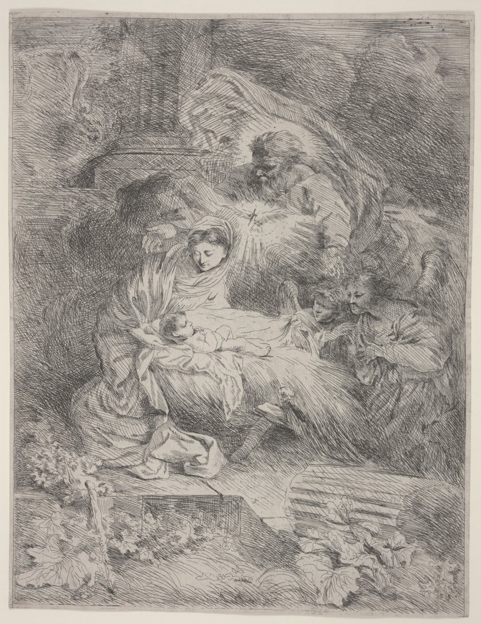 परमपिता परमेश्वर, पवित्र आत्मा के दूत और स्वर्गदूतों के साथ, c.1645 (नक़्क़ाशी) द्वारा जियोवन्नी बेनेडेटो कैस्टिग्लियोन