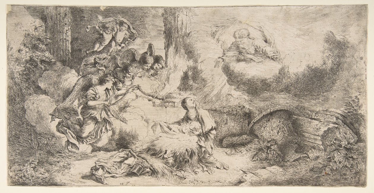 वर्जिन एंड चाइल्ड, गॉड फादर अपर राईट, एन्जिल्स ऑन लेफ्ट, सीए। 1647-1650। द्वारा जियोवन्नी बेनेडेटो कैस्टिग्लियोन