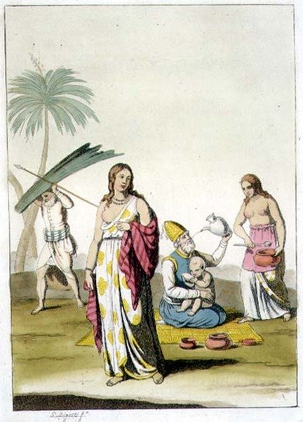 जूल्स फेरारियो के 'ले कॉस्ट्यूम एनसीन एट मॉडर्न' से भारतीय परिवार, c.1820s-30s (कलर लिथो) प्रकाशित हुआ द्वारा जियोवन्नी बिगटी