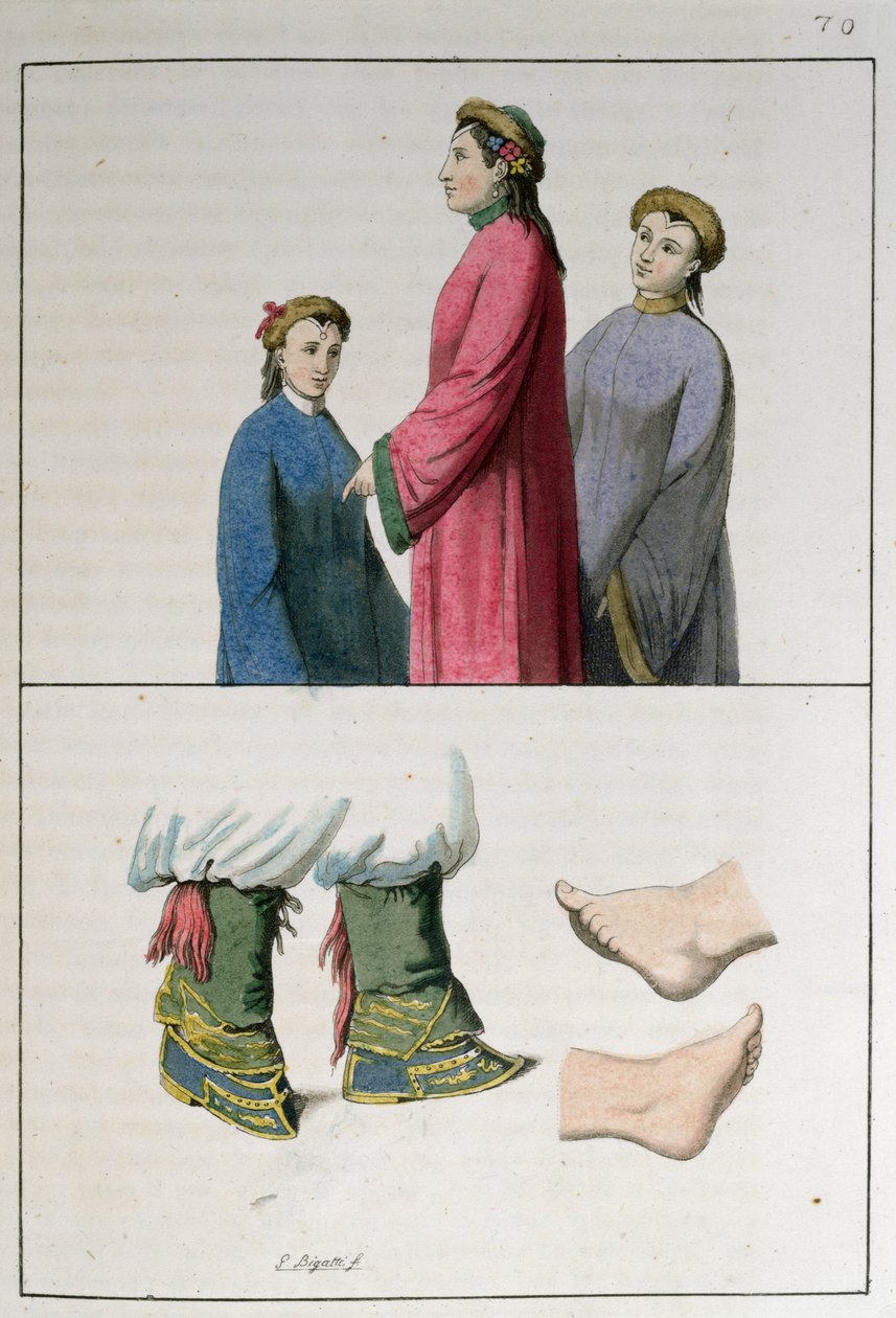 चीनी महिलाओं के पैर, 1819 में मिलान में प्रकाशित जूल्स फेरारियो द्वारा &39;ले कॉस्टयूम एंसियन एट मॉडर्न&39; का चित्र द्वारा जियोवन्नी बिगटी