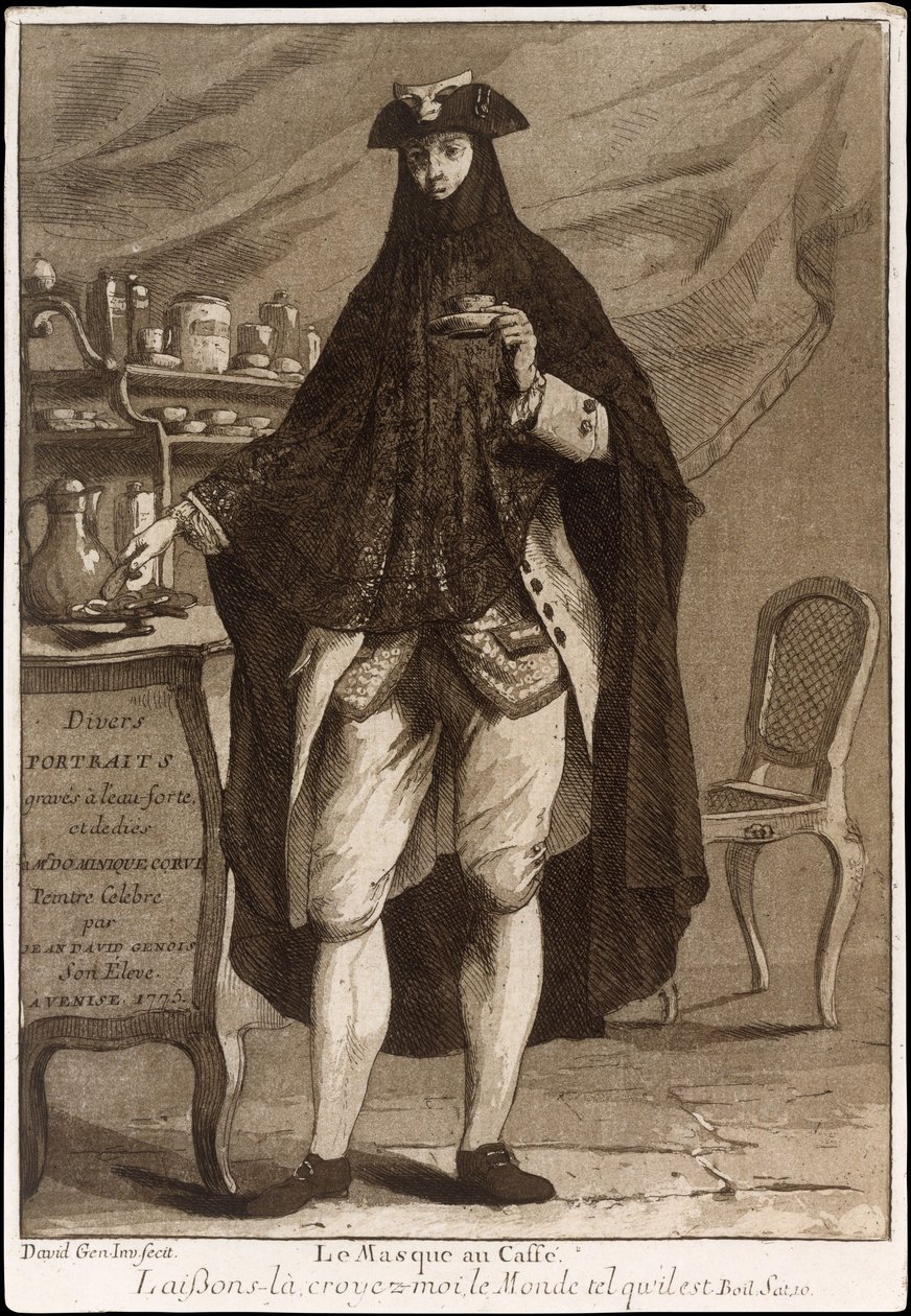 मास्क पहने एक व्यक्ति एक कप कॉफी पी रहा है ले मस्क औ कैफे, 1775। द्वारा जियोवन्नी डेविड