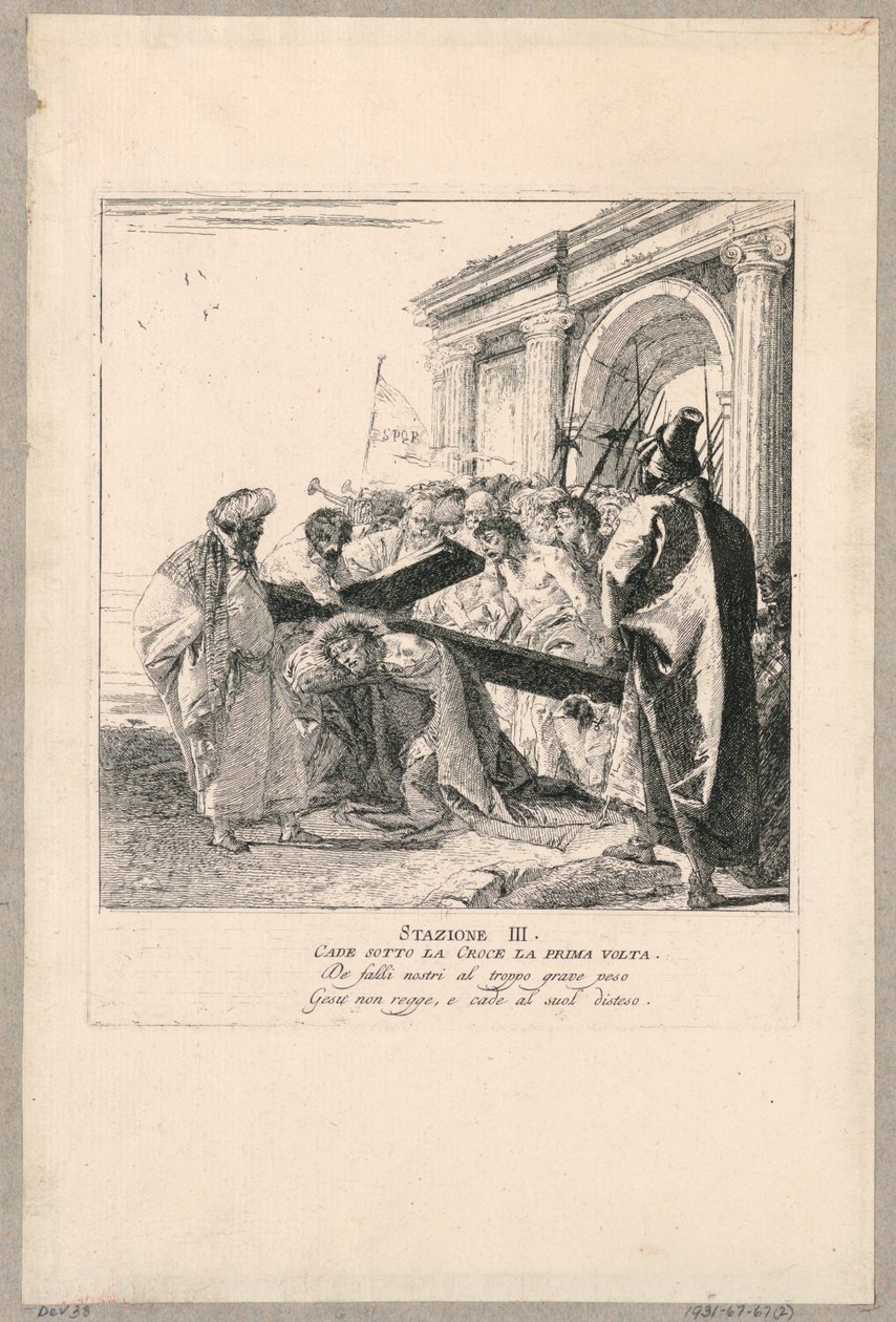 क्रूसिस के माध्यम से - स्टेशन III, वह पहली बार क्रॉस के नीचे गिरता है द्वारा जियोवानी डोमेनिको टाईपोलो
