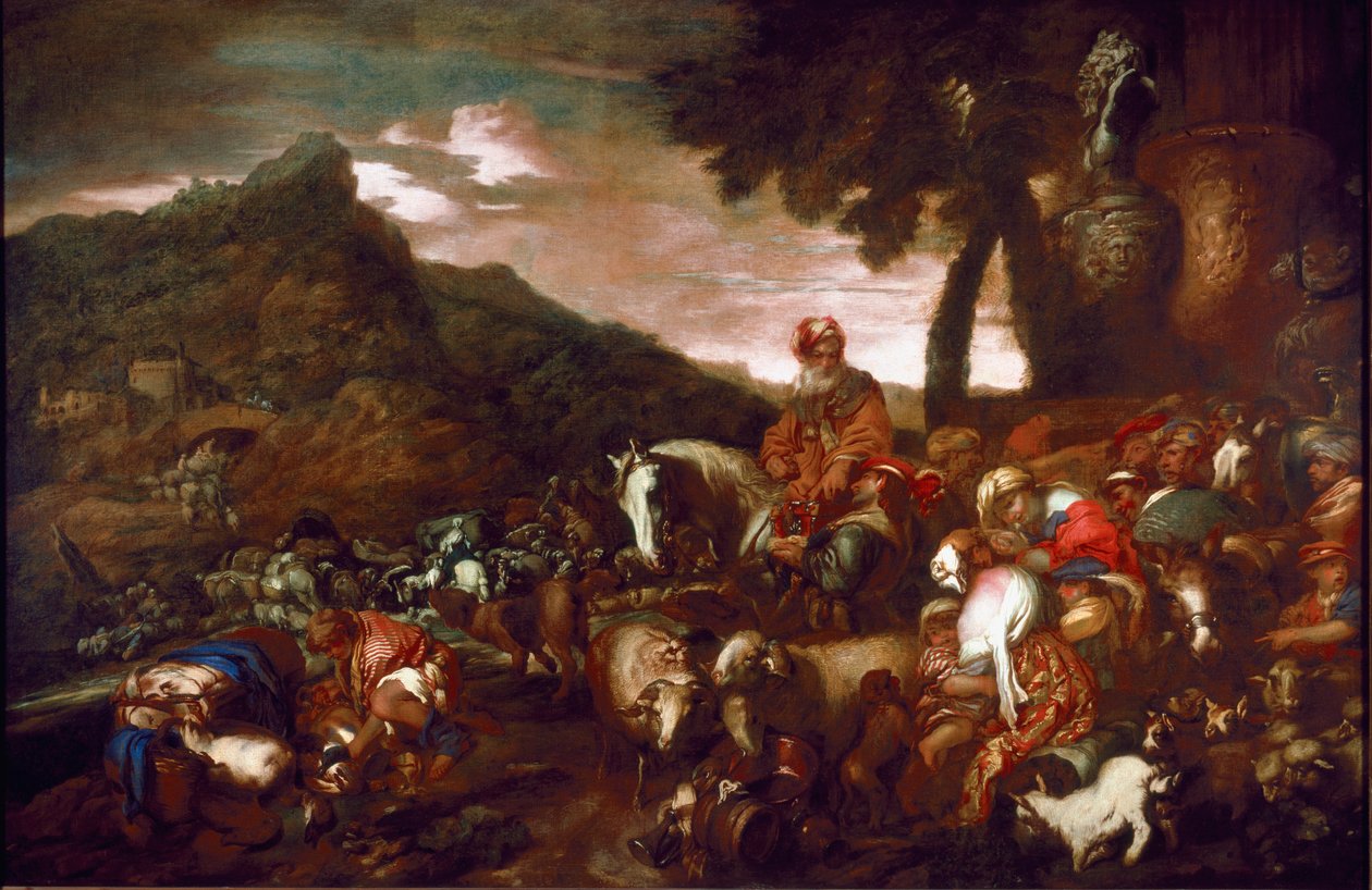 जियोवानी बेनेडेटो कैस्टिग्लिओन डिट इल ग्रेचेटो (1610-1665) द्वारा अब्राहम पेंटिंग की यात्रा 1654 पलाज्जो रोसो जीन की गैलरी द्वारा जियोवन्नी फ्रांसेस्को कैस्टिग्लिओन