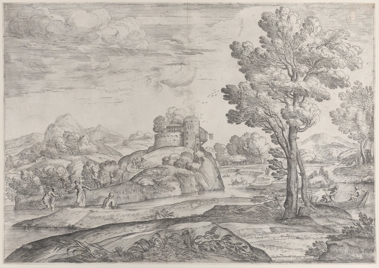 केंद्र में एक गोल चट्टान के ऊपर एक घर, नदी में और डोंगी में लोग, 1626-80। द्वारा जियोवन्नी फ्रांसेस्को ग्रिमाल्डी