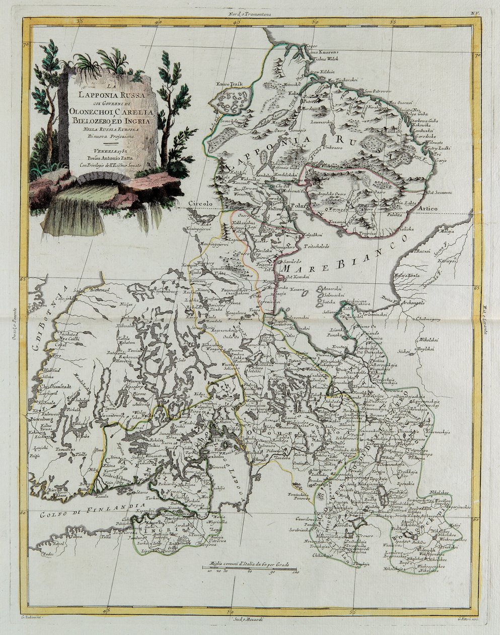 रूसी लैपलैंड यूरोपीय रूस में ओलोनचोली, कैरेलिया, बीलोज़ेरो और इंग्रिया की सरकारों के साथ, "न्यू एटलस" के टोम III से, जी ज़ुलियानी द्वारा उकेरा गया द्वारा जियोवन्नी मार्को पिटरटी