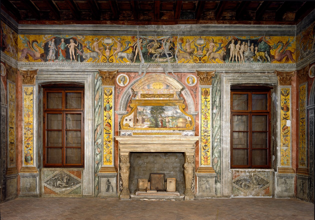 राशि चक्र का चिन्ह: "" संतुलन """ शीर्ष पदकों पर सम्राटों हैड्रियन और पवित्र एंटोनिन के चित्रों के साथ। भित्तिचित्र खराब हो गया है। फ्रेस्को ने मंटुआ, पलाज़ो डी'आर्को, साला डेलो ज़ोडियाको के आसपास जियोवानी मारिया फाल्कोनेटो (14 द्वारा जियोवन्नी मारिया फाल्कोनेटो