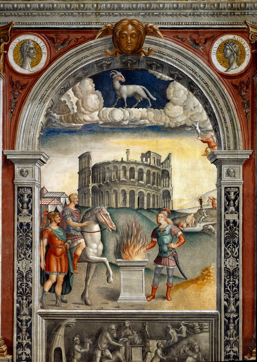 राशि चक्र का चिन्ह: "" द बेलियर """ जूल्स सीज़र और ऑगस्टस के चित्रों के साथ शीर्ष पदक पर। नीचे, संकेत के अनुरूप नक्षत्र के जन्म से जुड़े किंवदंती: कैयस म्यूसियस स्केवोला, एट्रस्केन की के दुश्मन शिविर में पेश किया गया द्वारा जियोवन्नी मारिया फाल्कोनेटो