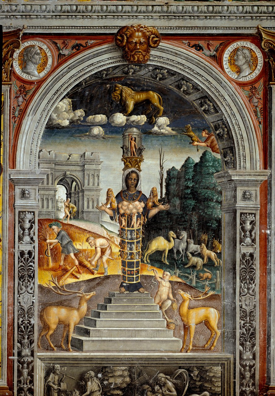 राशि चक्र का चिन्ह: "" सिंह """ शीर्ष पदकों पर सम्राट विटेलियस और वेस्पासियन के चित्रों के साथ। नीचे, संकेत के अनुरूप नक्षत्र के जन्म से जुड़ी किंवदंती: इफिस के देवता आर्टेमिस। फ्रेस्को ने जियोवानी मारू को जिम्मेदार ठहराया द्वारा जियोवन्नी मारिया फाल्कोनेटो