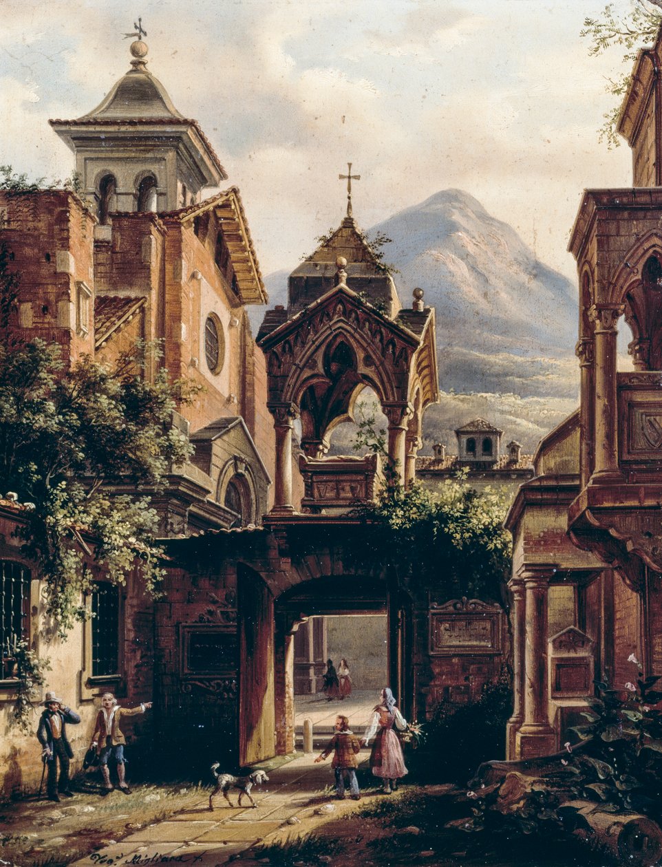 व्यक्तियों के साथ प्राचीन अभय का बाहरी भाग, जियोवानी मिग्लिआरा (1785-1837) द्वारा (हस्ताक्षरित तेओडोलिंडा मिग्लिआरा), बोर्ड पर तेल द्वारा जियोवन्नी मिग्लियारा