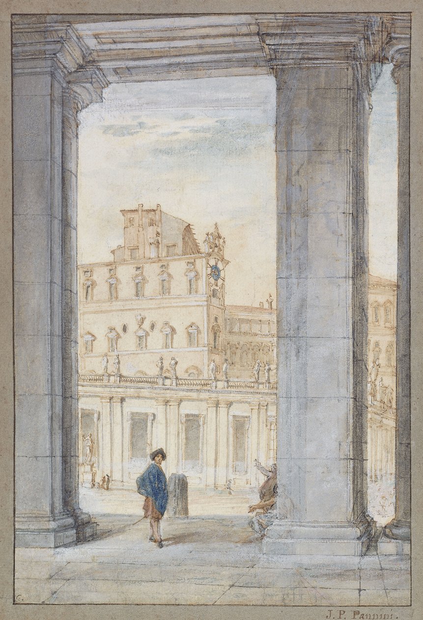 सेंट पीटर के स्क्वायर अंडर बर्निनी के कॉलम, सिस्टिन चैपल और पापल पैलेस के परे का एक दृश्य; बर्ननी कॉलनैड्स, सिस्टिन चैपल और पोंटिफिकल पैलेस बियॉन्से के नीचे से सेंट पियरे के स्थान का एक दृश्य, द्वारा जियोवन्नी पाओलो पाणिनि