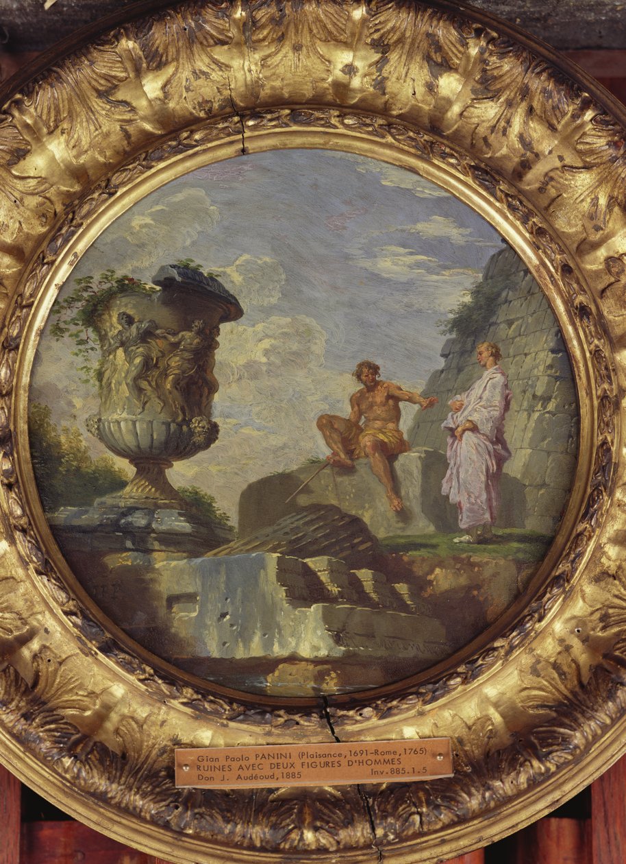 दो पुरुषों के साथ खंड, c.1750-60 (तांबे पर तेल) द्वारा जियोवन्नी पाओलो पाणिनि