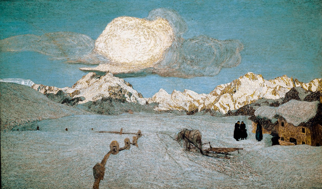 प्रकृति या Engadin की Triptych: "" मौत "" Giovanni Segantini (1858-1899) 1896-1899 सूर्य द्वारा चित्रकारी। 192x320 सेमी सेंट मोरित्ज़, मुसी सेगेंटिनी द्वारा जियोवन्नी सेर्जिनी