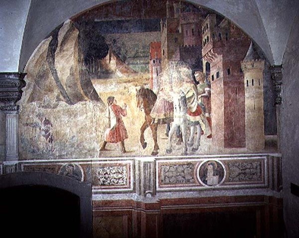 सेंट बेनेडिक्ट लीविंग होम, चिओस्त्रो डिगली अरंसी (संतरे का मठ) c.1430 (फ्रेस्को) से सेंट बेनेडिक्ट के जीवन के फ्रेस्को चक्र से विस्तार द्वारा Giovanni di Consalvo (attr। To)