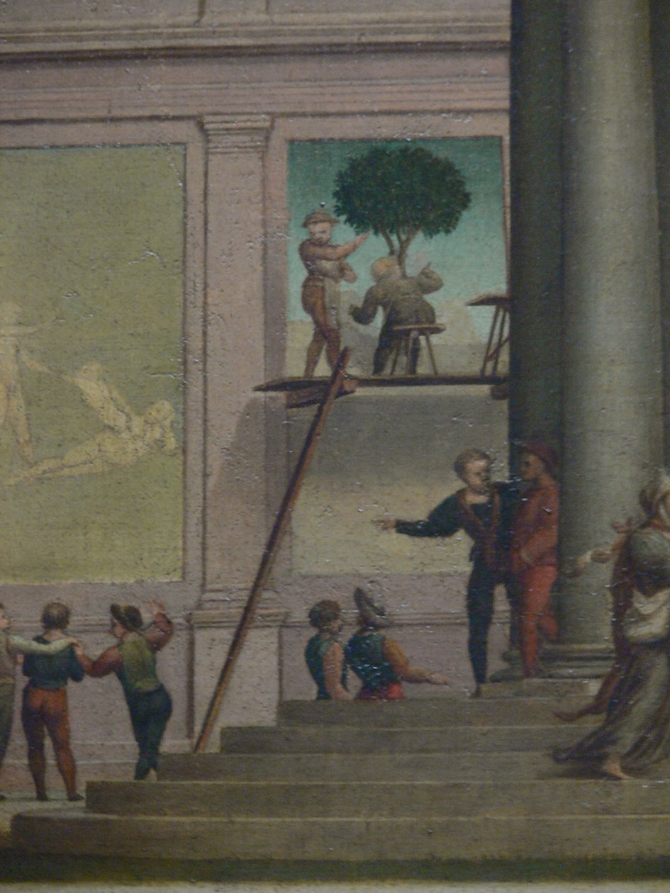 दीना की लूट (उत्पत्ति 34)। Kunsthistorisches Museum Vienna, Gemäldegalerie, Inv 1554, पृष्ठभूमि में विस्तार (मचान पर भित्ति) द्वारा गिआलिआनो बुगियार्डिनी