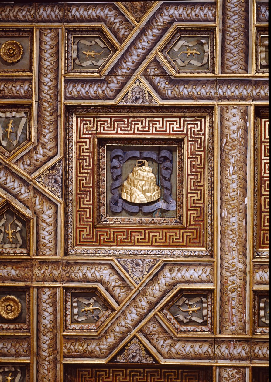 साला देई कैवल्ली, माउंट ओलंपस के नक्काशीदार गोंजागा छाप के साथ छत के दृश्य, छिपकली और सजावटी रस्सियाँ जो कि ट्रम्प एल&39;ओइल मेएंडर पैटर्न, 1528 (इंटैगियो और फ्रेस्को) से घिरा है द्वारा गिउलिओ रोमानो