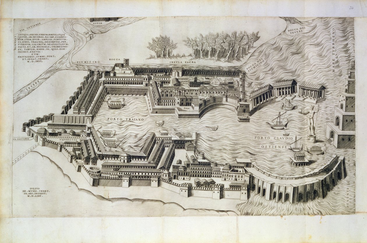 1554 में कलाकार द्वारा उत्कीर्ण ओस्टिया एंटिका के बंदरगाह की योजना द्वारा गिआलियो डी मुसी