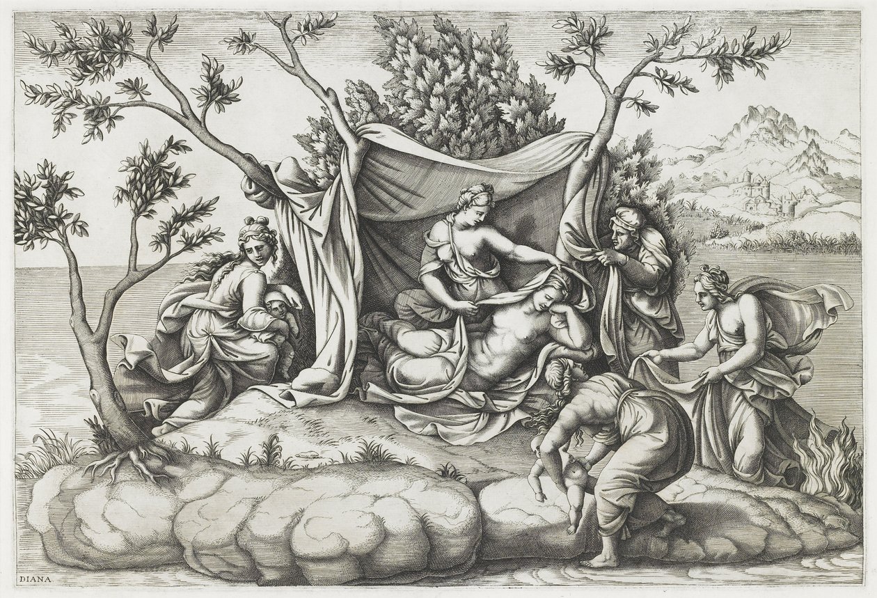 डायना मंटोवाना (b.1535) द्वारा उत्कीर्ण लाटोना गिविंग अपोलो एंड डायना को जन्म, 1575 के बाद (उत्कीर्णन) द्वारा जिओलिओ (बाद) रोमानो