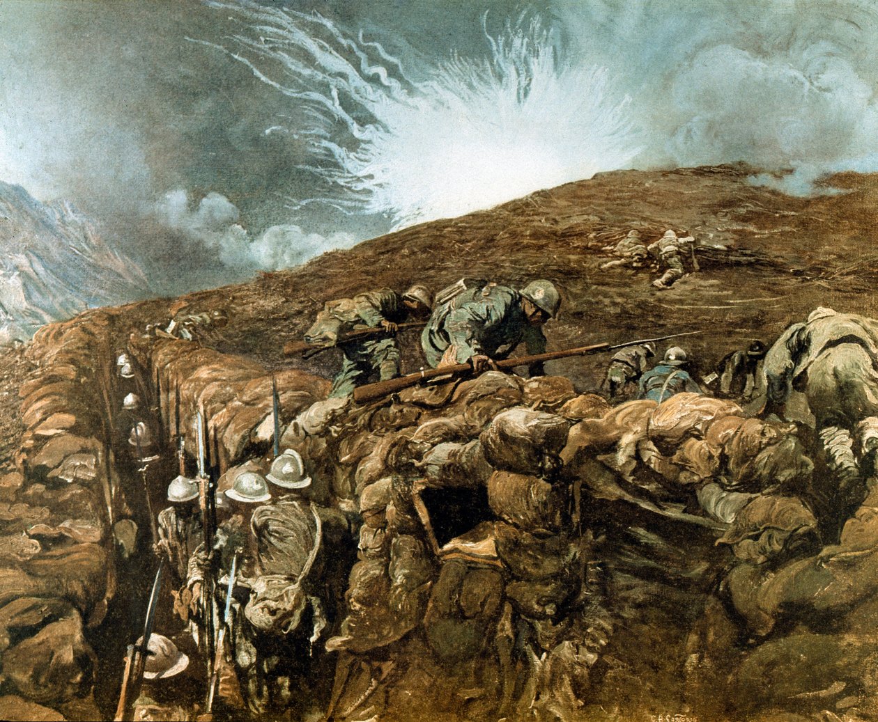 WWI: गोरिजिया के पास खाई, इसोन्जो नदी के आसपास इतालवी अभियान, सितंबर 1917 (पेंटिंग) द्वारा Giulio Aristide Sartorio