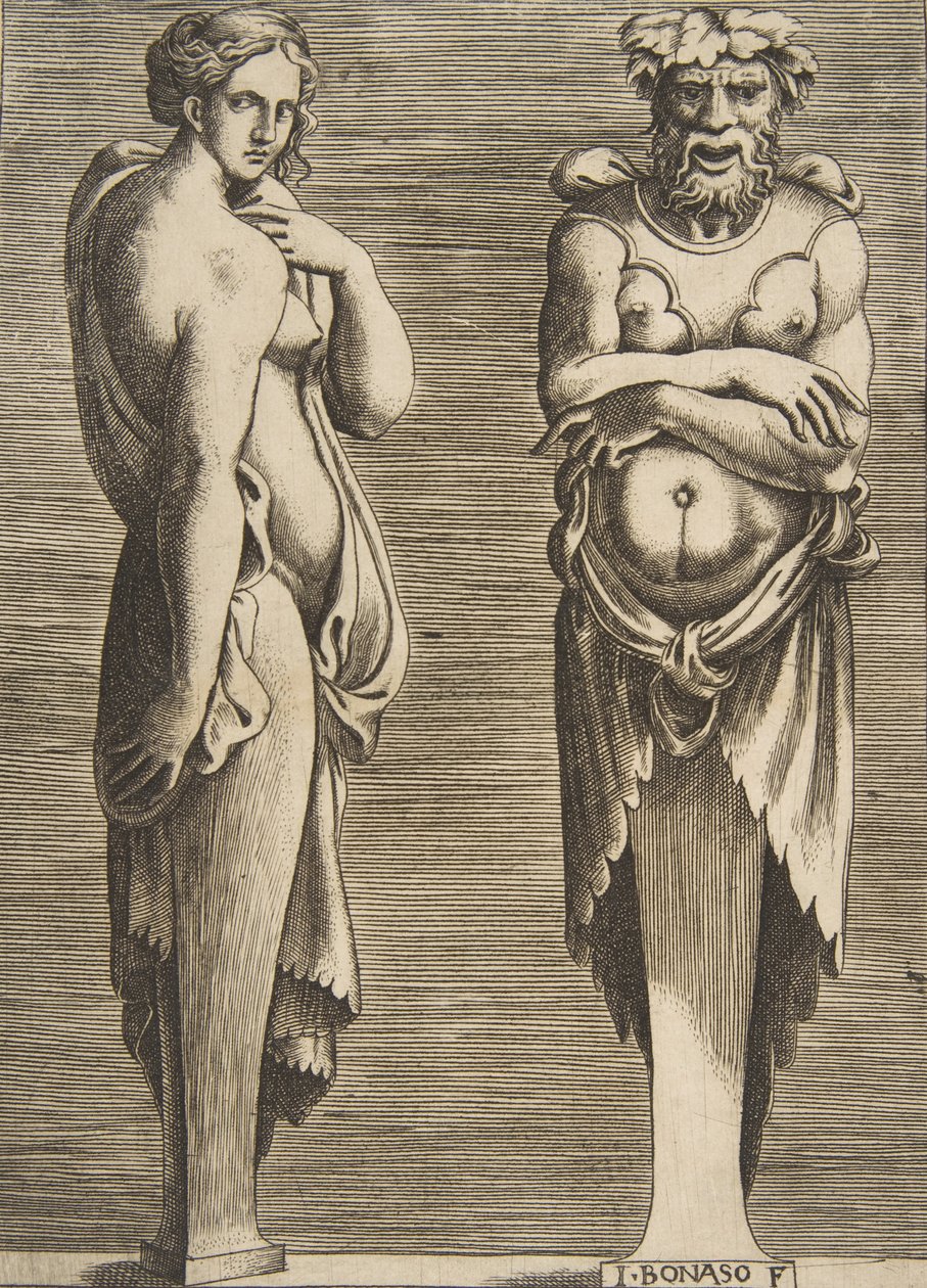 टू टर्म्स, बाईं ओर एक अप्सरा सिल्वेनस दाईं ओर, ca. 1530-50। द्वारा गिउलिओ बोनासोन